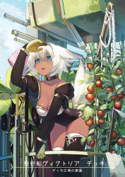 Rule 34 | 1girl, animal ears, arm support, arm up, balcony, bent over, black choker, black jacket, black leotard, black thighhighs, blue eyes, blue sky, breasts, choker, cleavage, collarbone, cropped jacket, dark-skinned female, dark skin, day, eggplant, gloves, highres, jacket, large breasts, leaf, leotard, long sleeves, looking afar, looking away, natori youkai, open clothes, open jacket, open mouth, original, outdoors, plant, potted plant, rope, short hair, sky, solo, strapless, strapless leotard, sunlight, thighhighs, tomato, translation request, white hair, yellow gloves