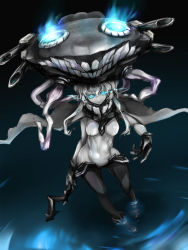 Rule 34 | 10s, 1girl, abyssal ship, ajino (sakanahen), blue eyes, bodysuit, cane, cannon, cape, gloves, glowing, glowing eyes, hat, hiraki ajino, kantai collection, long hair, md5 mismatch, navel, partially underwater, ripples, silver hair, solo, teeth, turret, wading, weapon, wo-class aircraft carrier