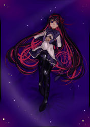 Rule 34 | 1girl, akemi homura, black hair, black pantyhose, black shirt, commentary, etia06, hair ornament, hair ribbon, hands on own chest, highres, lips, long hair, long sleeves, looking at viewer, magical girl, mahou shoujo madoka magica, mahou shoujo madoka magica (anime), multicolored hair, neck ribbon, own hands together, pantyhose, pleated skirt, purple background, purple eyes, purple ribbon, purple skirt, red hair, red ribbon, ribbon, shiny clothes, shiny legwear, shirt, skirt, solo, space, star (sky), streaked hair, tareme, very long hair, vest, white trim, white vest, wing collar