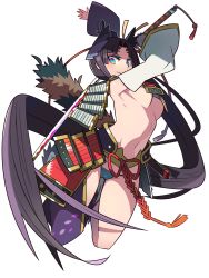 Rule 34 | 1girl, absurdres, armor, asymmetrical sleeves, blue panties, blush, breasts, detached sleeves, fate/grand order, fate (series), feather hair ornament, feathers, hair ornament, highres, holding, holding sword, holding weapon, japanese armor, japanese clothes, katana, kometsubu, kusazuri, long hair, medium breasts, mismatched sleeves, multicolored eyes, navel, panties, parted bangs, pom pom (clothes), ponytail, revealing clothes, shaded face, sheath, side ponytail, sidelocks, simple background, smile, solo, sword, tail, underboob, underwear, ushiwakamaru (fate), very long hair, weapon, white background