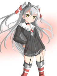 Rule 34 | 10s, 1girl, amatsukaze (kancolle), black panties, blush, deego (omochi bazooka), dress, garter straps, hand on own hip, highres, kantai collection, long hair, looking at viewer, panties, sailor dress, school uniform, see-through, serafuku, short dress, silver hair, smile, solo, striped clothes, striped thighhighs, thighhighs, twintails, two side up, underwear, yellow eyes, zettai ryouiki