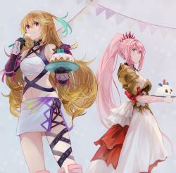 Rule 34 | 2girls, arm guards, armor, birthday cake, blonde hair, blue eyes, breastplate, cake, dress, eating, food, gloves, highres, holding, holding plate, long hair, looking at viewer, milla maxwell, multiple girls, pauldrons, pink hair, plate, ponytail, red eyes, shionne (tales), shoulder armor, smile, tales of (series), tales of arise, tales of xillia, umizora478