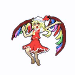 Rule 34 | 1girl, ascot, barefoot, collared shirt, flandre scarlet, full body, hat, honyaa (honya--1123), large wings, long hair, looking at viewer, lowres, mob cap, multicolored wings, one side up, open mouth, pixel art, puffy short sleeves, puffy sleeves, red eyes, red skirt, red vest, shirt, short sleeves, simple background, skirt, skirt set, touhou, vest, white background, white headwear, white shirt, wings, yellow ascot