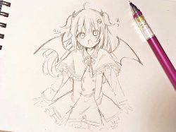 Rule 34 | 1girl, ahoge, art tools in frame, blush, capelet, crescent, crescent hair ornament, demon girl, demon horns, demon wings, drawn, dress shirt, frilled capelet, frills, hair between eyes, hair ornament, highres, horns, long hair, long sleeves, looking at viewer, neck ribbon, nijisanji, open mouth, photo (medium), ribbon, shirt, signature, sleeves past wrists, sofra, solo, traditional media, two side up, virtual youtuber, wings, yuzuki roa