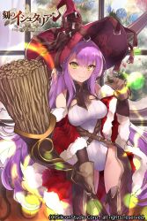 Rule 34 | 1girl, age of ishtaria, befana (ishtaria), belt, breasts, broom, brown gloves, contrapposto, copyright name, copyright notice, dress, fur trim, gloves, hat, highres, hip focus, holding, holding broom, holding staff, large breasts, leotard, long hair, looking at viewer, official art, purple hair, red dress, ribbed leotard, smile, solo, staff, standing, star-shaped pupils, star (symbol), symbol-shaped pupils, thick eyebrows, thighs, unzipped, very long hair, watermark, white leotard, window, witch, witch hat, yaman (yamanta lov), yellow eyes, zipper