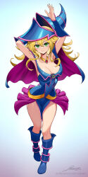 Rule 34 | 1girl, absurdres, arm behind head, armpits, arms up, bare shoulders, blonde hair, blue footwear, blue hat, blush, blush stickers, breasts, cleavage, collarbone, dark magician girl, duel monster, gradient background, green eyes, hat, highres, large breasts, long hair, looking at viewer, messy hair, revenantart, solo, star (symbol), strapless, thighs, witch hat, yu-gi-oh!