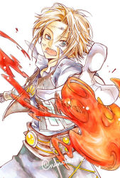 Rule 34 | 1boy, blonde hair, blue eyes, cropped jacket, dirty, dirty face, fighting stance, final fantasy, final fantasy xii, fire, gloves, lower teeth only, male focus, nanoka rio, open mouth, outstretched arm, parted bangs, popped collar, short hair, solo, square enix, teeth, upper body, upper teeth only, vaan (ff12), white background, white gloves