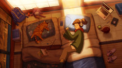 Rule 34 | 1girl, absurdres, animal, backpack, bag, book, book stack, brown hair, cable, cat, cat toy, cellphone, commentary, computer, cup, dappled sunlight, day, english commentary, futon, green sweater, highres, indoors, julia shii, laptop, listening to music, lofi girl, lofi girl (youtube), lying, official art, on side, phone, pillow, red scarf, scarf, seigaiha, short ponytail, sleeping, smartphone, socks, solo focus, sunlight, sweater, tatami, teacup, teapot, unworn backpack, unworn bag, yotsubato!