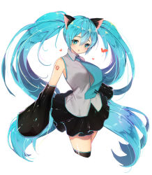 Rule 34 | 1girl, :o, animal ears, aqua eyes, aqua hair, arm tattoo, bad id, bad pixiv id, black skirt, cat ears, cropped legs, detached sleeves, eyelashes, grey shirt, hair between eyes, hands in opposite sleeves, hatsune miku, headphones, kemonomimi mode, long hair, looking at viewer, miniskirt, necktie, pleated skirt, shiny clothes, shirt, simple background, skirt, solo, tattoo, thighhighs, tie clip, tp (kido 94), twintails, very long hair, vocaloid, white background