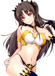 Rule 34 | 1girl, armlet, bad id, bad pixiv id, bare shoulders, bikini, black bikini, black bridal gauntlets, black choker, black ribbon, black thighhighs, blue gemstone, blush, breasts, bridal gauntlets, brown hair, choker, closed mouth, cowboy shot, crown, earrings, eyes visible through hair, fate/grand order, fate (series), female focus, floating hair, gem, hair ribbon, hand on own ass, hand up, head tilt, hoop earrings, ishtar (fate), jajao, jewelry, large breasts, long hair, looking at viewer, lots of jewelry, medium breasts, midriff, naughty face, navel, neck, necklace, parted bangs, red eyes, revealing clothes, ribbon, simple background, single bridal gauntlet, single thighhigh, smile, solo, standing, stomach, strapless, strapless bikini, swimsuit, thighhighs, thighlet, tohsaka rin, two side up, type-moon, white background, white bikini