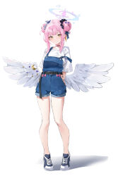 Rule 34 | 1girl, absurdres, alternate costume, arms behind back, bare legs, belt buckle, black footwear, blue archive, blue overalls, blush, buckle, double bun, feathered wings, full body, hair bun, halo, highres, hip vent, leviathan (hikinito0902), looking at viewer, mika (blue archive), overall shorts, overalls, pink hair, shirt, short sleeves, sidelocks, simple background, smile, solo, white background, white shirt, white wings, wings