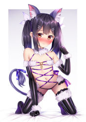 Rule 34 | 1girl, adapted costume, all fours, animal ears, black gloves, black hair, black thighhighs, blush, breasts, brown eyes, cat ears, cat tail, closed mouth, cosplay, elbow gloves, fate/grand order, fate/kaleid liner prisma illya, fate (series), feather hair ornament, feathers, female focus, full body, fur-trimmed gloves, fur-trimmed legwear, fur collar, fur trim, gloves, hair ornament, hairclip, halloween costume, kneeling, long hair, looking at viewer, mash kyrielight, mash kyrielight (dangerous beast), mash kyrielight (dangerous beast) (cosplay), miyu edelfelt, navel, nervous smile, o-ring, official alternate costume, on bed, puririn, pussy juice, revealing clothes, revision, simple background, small breasts, smile, solo, tail, thighhighs, twintails