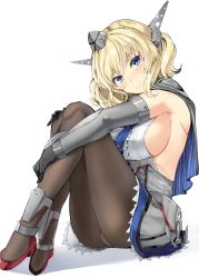 Rule 34 | 1girl, anchor, blonde hair, blue eyes, blush, braid, breasts, capelet, closed mouth, colorado (kancolle), dress, elbow gloves, french braid, frilled dress, frills, from side, full body, gin&#039;ichi (akacia), gloves, grey gloves, hands on own legs, headgear, kantai collection, large breasts, looking at viewer, metal belt, panties, pantyhose, pantyshot, red footwear, short hair, sideboob, simple background, sitting, smile, solo, underwear, white background