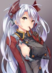 Rule 34 | 1girl, areola slip, azur lane, blush, breasts, brown eyes, buttons, cross, finger to mouth, gradient background, grey background, grey jacket, headgear, highres, irohara, iron cross, jacket, large breasts, long hair, looking at viewer, mole, mole on breast, prinz eugen (azur lane), sideboob, silver hair, solo, swept bangs, two side up, upper body, very long hair