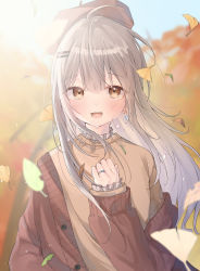 Rule 34 | 1girl, :d, absurdres, ahoge, autumn leaves, beret, blurry, blurry background, blush, brown eyes, brown hat, brown jacket, brown sweater, commentary request, crying, crying with eyes open, day, depth of field, earrings, falling leaves, glint, grey hair, hair ornament, hairclip, hat, highres, jacket, jewelry, leaf, long hair, long sleeves, looking at viewer, maple leaf, off shoulder, open clothes, open jacket, open mouth, original, outdoors, ring, riri (ri0177), sleeves past wrists, smile, solo, sweater, tears, very long hair, wedding band