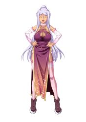 Rule 34 | 1girl, boots, breasts, china dress, chinese clothes, cleavage, cleavage cutout, clothing cutout, detached sleeves, dress, closed eyes, female focus, full body, garter belt, garter straps, hands on own hips, highres, hikage eiji, koihime musou, kougai, large breasts, long hair, official art, open mouth, ponytail, silver hair, smile, solo, standing, thighhighs, transparent background, very long hair
