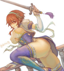 Rule 34 | 1girl, alex-siao, ass, blush, breasts, brown eyes, brown hair, cameltoe, chai xianghua, chinese clothes, from below, hairband, highres, large breasts, looking at viewer, panties, shiny clothes, shiny skin, short hair with long locks, smile, solo, soul calibur, soulcalibur, soulcalibur vi, sword, thick thighs, thighhighs, thighs, underwear, weapon