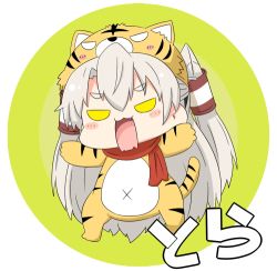 Rule 34 | 10s, amatsukaze (kancolle), angry, animal costume, animal ears, animal print, blonde hair, chinese zodiac, fangs, hair tubes, kantai collection, lowres, open mouth, scarf, solo, tail, tiger costume, tiger ears, tiger print, tiger tail, translation request, twintails, two side up, yellow eyes, yuureidoushi (yuurei6214)