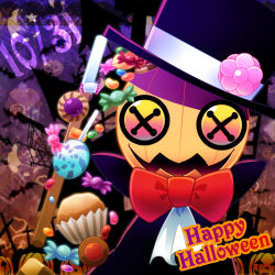 Rule 34 | bat (animal), bow, bowtie, button eyes, buttons, candy, commentary request, crescent moon, cross, cupcake, dated, flower ornament, food, halloween, happy halloween, hat, heart, jack-o&#039;-lantern, kirby&#039;s epic yarn, kirby (series), kurosiro, lollipop, magician, moon, nintendo, no humans, pumpkin, red bow, red neckwear, silk, spider web, squashini, star (symbol), tombstone, top hat, wand, watermark