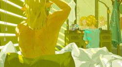 1boy 1girl absurdres aqua_eyes aqua_tunic back bare_back bed beishan_qi blonde_hair blush closed_eyes collarbone day happy highres indoors laughing link looking_to_the_side medium_hair mirror nintendo on_bed pillow pointy_ears princess_zelda reflection scratches scroll sitting sunlight the_legend_of_zelda tunic weibo_logo weibo_watermark