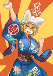 Rule 34 | 1girl, 2018, :d, absurdres, animal ears, animal hat, arm up, blonde hair, blue kimono, blush, breasts, chanta (ayatakaoisii), commentary request, cowboy shot, floral print, fox ears, hair between eyes, happy new year, hat, highres, huge breasts, japanese clothes, kimono, long sleeves, looking at viewer, mob cap, new year, obi, open mouth, mob cap, rising sun flag, sash, short hair, slit pupils, smile, solo, sunburst, touhou, two-tone background, wide sleeves, yakumo ran, yellow eyes