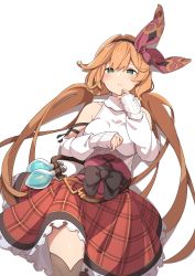 Rule 34 | 1girl, :&lt;, bare shoulders, belt, blush, bow hairband, breasts, clarisse (granblue fantasy), clarisse (valentine) (granblue fantasy), collared shirt, commentary, corset, detached sleeves, flask, granblue fantasy, green eyes, hair between eyes, hair intakes, hairband, highres, long hair, looking at viewer, lying, medium breasts, mikokomiyazawa, on back, orange hair, red skirt, shadow, shirt, simple background, skirt, sleeves past wrists, solo, thighhighs, twintails, white background, white shirt