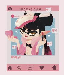 Rule 34 | 1girl, black hair, border, bow-shaped hair, breasts, callie (splatoon), character name, cleavage, commentary, english commentary, eyelashes, food, food on head, gradient hair, heart, highres, inkling, instagram, lipstick, long hair, makeup, mixed-language commentary, mole, mole under eye, multicolored hair, navel, nintendo, object on head, outside border, pink hair, pink lips, pointy ears, small breasts, solo, splatoon (series), star-shaped pupils, star (symbol), sushi, symbol-shaped pupils, tentacle hair, thick eyebrows, two-tone hair, vincenciel, white border, yellow eyes, yellow pupils