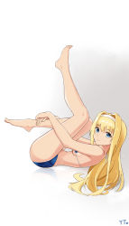 Rule 34 | 1girl, absurdres, alice zuberg, bare arms, bare legs, barefoot, bikini, blonde hair, blue bikini, blue eyes, breasts, closed mouth, from side, full body, hair intakes, hairband, highres, legs up, long hair, lying, on back, sideboob, small breasts, smile, solo, swimsuit, sword art online, very long hair, white background, white hairband, yto (tjyj7738)