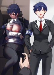 Rule 34 | 1girl, absurdres, armband, big shine, black jacket, black pants, blue hair, breasts, brown eyes, chest sarashi, closed eyes, collared shirt, couch, crossdressing, hands in pockets, highres, jacket, jacket on shoulders, large breasts, lying, necktie, nipples, on back, open clothes, open mouth, open shirt, original, outstretched hand, pants, red necktie, reverse trap, sarashi, school uniform, shirt, shirt tucked in, short hair, solo, standing, tomboy, white shirt
