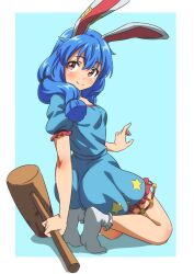 Rule 34 | 1girl, ambiguous red liquid, animal ears, blue dress, blue hair, closed mouth, crescent print, dress, earclip, full body, gyouza (mhea5724), hair between eyes, highres, kine, long hair, looking at viewer, mallet, rabbit ears, red eyes, seiran (touhou), short sleeves, smile, socks, solo, star (symbol), star print, touhou, white socks