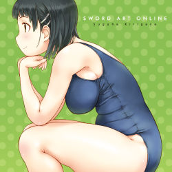 Rule 34 | 10s, 1girl, bad id, bad pixiv id, belly, blush, breasts, character name, copyright name, from side, green eyes, hair ornament, hairclip, kirigaya suguha, large breasts, one-piece swimsuit, plump, polka dot, polka dot background, profile, school swimsuit, sitting, smile, solo, swimsuit, sword art online, takagi hideaki