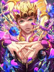 Rule 34 | 1boy, absurdres, blonde hair, blue flower, closed mouth, clothing cutout, earrings, fingernails, flower, giorno giovanna, gold experience, green eyes, highres, jacket, jewelry, jojo no kimyou na bouken, lips, long sleeves, looking at viewer, male focus, medium hair, own hands together, petals, pink jacket, solo, stand (jojo), upper body, vento aureo, watawata nr (siroraku)