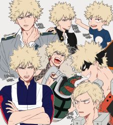 Rule 34 | 10s, 1boy, aged down, alternate hairstyle, angry, bakugou katsuki, blonde hair, boku no hero academia, child, clenched teeth, domino mask, earrings, expressions, frown, fur trim, gauntlets, half-closed eyes, jacket, jewelry, korean text, male focus, mask, multiple views, necklace, open mouth, pointing, school uniform, simple background, smile, solo focus, spiked hair, swept bangs, teeth, text focus, topless male, track jacket, trembling, white background, wide-eyed