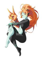 Rule 34 | 1girl, automatic giraffe, barefoot, breasts, colored sclera, colored skin, commentary, completely nude, convenient leg, crossed legs, full body, highres, long hair, looking at viewer, medium breasts, midna, midna (true), navel, nintendo, nude, orange hair, pointy ears, red eyes, smile, solo, symbol-only commentary, the legend of zelda, the legend of zelda: twilight princess, v, white background