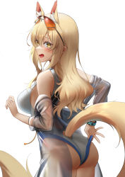 Rule 34 | 1girl, animal ears, arknights, ass, bare shoulders, blonde hair, blush, breasts, commentary request, commission, cowboy shot, extra ears, eyewear on head, from behind, hair ornament, highres, horse ears, horse girl, horse tail, infection monitor (arknights), large breasts, long hair, looking at viewer, looking back, nearl (arknights), nearl (shimmering dew) (arknights), official alternate costume, one-piece swimsuit, open mouth, pixiv commission, ponytail, ri qing, sidelocks, solo, standing, swimsuit, swimsuit cover-up, tail, thighs, white background, white one-piece swimsuit, yellow eyes
