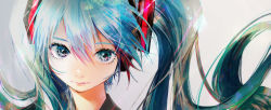 Rule 34 | 1girl, absurdres, aqua hair, bad id, bad pixiv id, blue hair, close-up, commentary, eyelashes, floating hair, grey background, hair between eyes, hatsune miku, headset, highres, light smile, long hair, looking at viewer, multicolored eyes, multicolored hair, osushimanchan, pink hair, portrait, simple background, solo, twintails, upper body, vocaloid