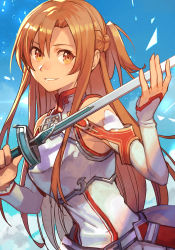 Rule 34 | 1girl, asuna (sao), braid, brown eyes, brown hair, detached sleeves, dress, holding, holding sword, holding weapon, hungry clicker, knights of blood uniform (sao), long hair, looking to the side, parted lips, rapier, short ponytail, simple background, sleeveless, sleeveless dress, smile, solo, sword, sword art online, upper body, weapon, white dress, white sleeves