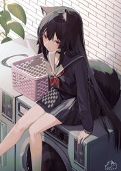 Rule 34 | 1girl, absurdres, animal ear fluff, animal ears, black choker, black hair, black sailor collar, black serafuku, black shirt, black skirt, blush, brick wall, choker, closed mouth, commentary request, dated, feet out of frame, hair between eyes, highres, knees together feet apart, laundry basket, long hair, long sleeves, looking at viewer, mayogii, neckerchief, original, plant, pleated skirt, red eyes, red neckerchief, sailor collar, school uniform, serafuku, shirt, signature, sitting, skirt, solo, tail, very long hair, washing machine