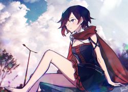 Rule 34 | 1girl, barefoot, black dress, breasts, brown hair, cape, cleavage, closed mouth, cloud, dress, ecru, from below, from side, frown, grey eyes, layered dress, medium breasts, multicolored hair, red cape, red hair, ruby rose, rwby, short dress, short hair, signature, sitting, sleeveless, sleeveless dress, solo, strapless, strapless dress, swept bangs, two-tone hair
