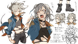 Rule 34 | 1girl, angry, black choker, black footwear, black pants, blue jacket, boots, character profile, character sheet, choker, clenched hands, closed mouth, cropped legs, earrings, flat chest, grey hair, highres, jacket, jewelry, makeup, open clothes, open jacket, open mouth, orange eyes, original, pants, pointy ears, serious, shirt, simple background, sleeves rolled up, toned, torn clothes, torn shirt, tsurime, type-alpha, uneven eyes, white background