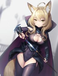 Rule 34 | 1girl, ahoge, animal ear fluff, animal ears, arm guards, armor, azure-maya, blonde hair, breasts, cape, cleavage, cleavage cutout, closed mouth, clothing cutout, commission, concealed weapon, cowboy shot, detached sleeves, fox ears, fox girl, fox tail, hair between eyes, highleg, highleg leotard, highres, holding, holding sword, holding weapon, hood, hooded cape, large breasts, leotard, long hair, looking at viewer, o-ring, original, pixiv commission, purple leotard, purple thighhighs, sheath, sidelocks, smile, solo, standing, sword, sword cane, tail, thighhighs, unsheathing, weapon, yellow eyes