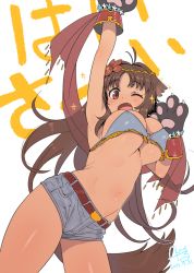 Rule 34 | 1girl, animal ears, animal hands, arm up, bare shoulders, blush, breasts, brown hair, cleavage, covered erect nipples, dark-skinned female, dark skin, dated, fang, gloves, hand up, kaori (princess connect!), kaori (summer) (princess connect!), large breasts, long hair, looking at viewer, navel, one eye closed, open mouth, paw gloves, princess connect!, rkrk, short shorts, shorts, signature, smile, solo, standing, tail, tan, underboob