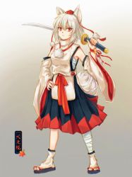 Rule 34 | 1girl, absurdres, animal ears, bandages, black skirt, character name, closed mouth, detached sleeves, flip-flops, hand on own hip, highres, holding, holding sword, holding weapon, inubashiri momiji, katana, looking at viewer, pom pom (clothes), red eyes, sandals, sarashi, shirt, short hair, skirt, socks, solo, standing, sword, tail, tomo-alice, touhou, weapon, white hair, white shirt, white sleeves, white socks, wolf ears, wolf girl, wolf tail