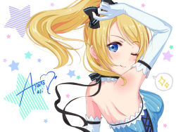 Rule 34 | 10s, 1girl, ayase eli, bad id, bad pixiv id, bare back, bare shoulders, blonde hair, blue eyes, bow, character name, elbow gloves, gloves, hair bow, long hair, looking back, love live!, love live! school idol festival, love live! school idol project, one eye closed, pinstripe pattern, ponytail, ribbon, solo, sparkle, speech bubble, star (symbol), striped, vertical stripes, yuuki (yukinko-02727)