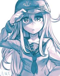 Rule 34 | 1girl, closed mouth, greyscale, hair between eyes, hand on headwear, hand on own hip, hand up, hat, hat pin, hibiki (kancolle), hungry clicker, kantai collection, long hair, long sleeves, looking at viewer, lowres, monochrome, neckerchief, peaked cap, school uniform, serafuku, solo, upper body