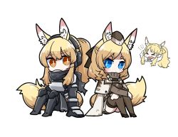 Rule 34 | &gt; &lt;, 3girls, animal ear fluff, animal ears, arknights, armor, black footwear, black pants, blemishine (arknights), blue eyes, blush, boots, breastplate, brown eyes, brown headwear, brown jacket, brown legwear, cape, chibi, closed eyes, closed mouth, commentary request, dog-san, ear protection, flying sweatdrops, garrison cap, hat, headset, high heel boots, high heels, horse ears, horse girl, horse tail, hugging own legs, jacket, knee boots, knees up, long hair, multiple girls, nearl (arknights), open mouth, pants, ponytail, short eyebrows, simple background, sitting, tail, thick eyebrows, thighhighs, wavy mouth, whislash (arknights), white background, white cape