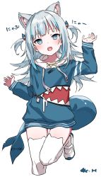 Rule 34 | 1girl, animal ears, bad id, bad twitter id, blue eyes, blue hair, blue hoodie, cat ears, fins, fish skeleton, fish tail, full body, gawr gura, gawr gura (1st costume), h (eitilog), highres, hololive, hololive english, hood, hoodie, looking at viewer, multicolored hair, open mouth, shark girl, shark tail, sharp teeth, shoes, silver hair, streaked hair, tail, teeth, twitter, virtual youtuber, waving arms, white background, white legwear