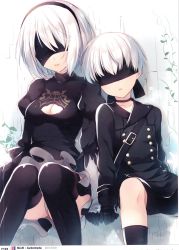 Rule 34 | 1boy, 1girl, blindfold, breasts, cleavage, cleavage cutout, clothing cutout, collarbone, head on another&#039;s shoulder, headband, highres, image sample, medium breasts, nier (series), nier:automata, scan, short hair, shorts, sitting, thighhighs, white hair, 2b (nier:automata), 9s (nier:automata)