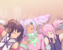 Rule 34 | 00s, 3girls, anise tatlin, bare shoulders, black hair, child, crossover, gloves, jewelry, lying, meredy (tales), moshikuha hiyako, multiple girls, on back, pendant, pink hair, presea combatir, purple hair, ribbon, sleeping, tales of (series), tales of eternia, tales of symphonia, tales of the abyss, trait connection, twintails