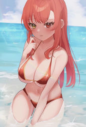 Rule 34 | 1girl, bad id, bad pixiv id, bikini, blush, breasts, cleavage, closed mouth, cloud, collarbone, commentary request, day, hand in own hair, hand up, heterochromia, hololive, houshou marine, houshou marine (summer), long hair, medium breasts, navel, negima (le ne38), ocean, outdoors, red bikini, red eyes, skindentation, solo, swimsuit, virtual youtuber, water, yellow eyes